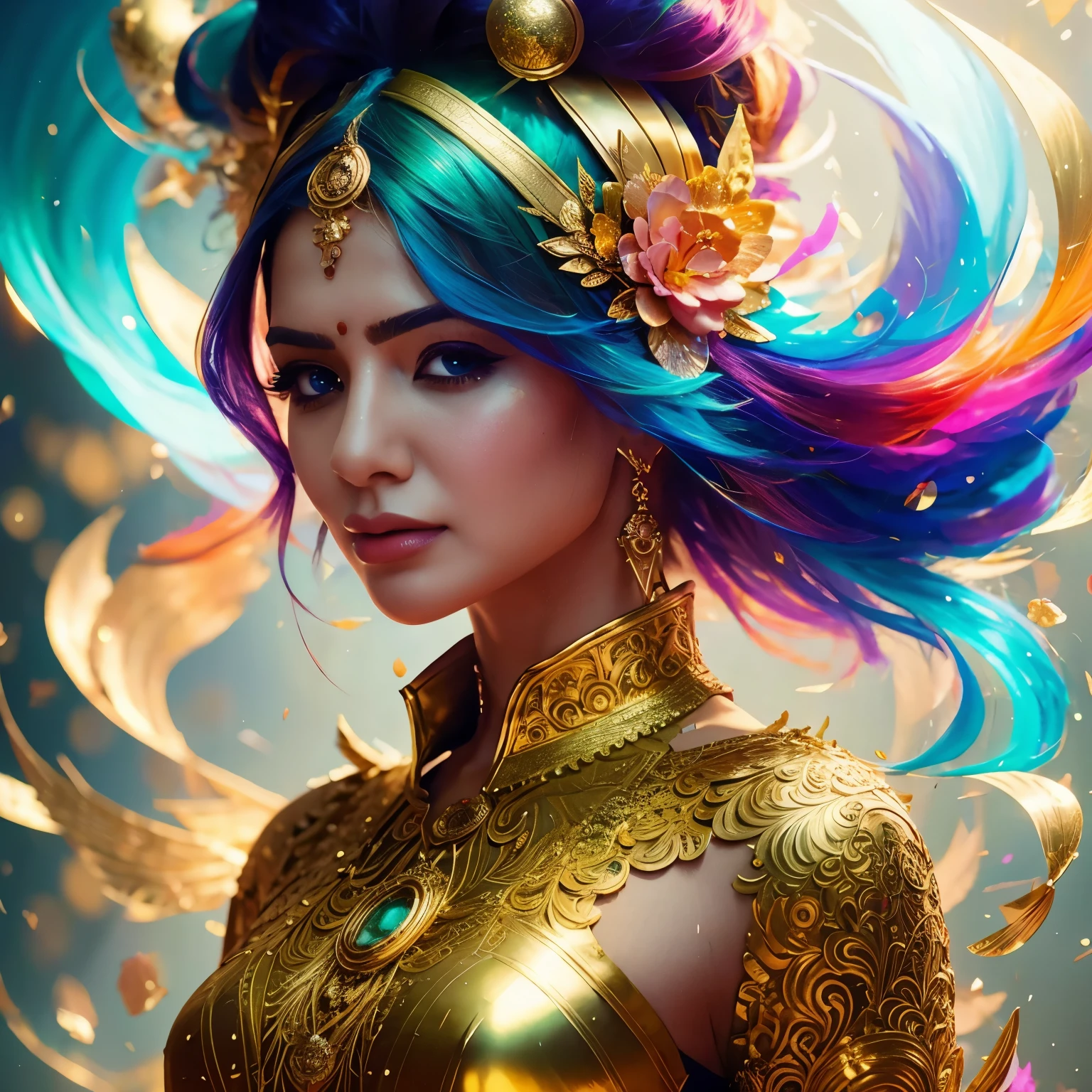 (Samantha),eine Nahaufnahme einer indischen Frau mit buntem Haar und einem goldenen Kleid, artgerm julie bell beeple, rossdraws cartoon lebendige, 8k atemberaubende Kunstwerke, Fantasy-Kunst Behance, deviantart artstation cgscosiety, artgerm on artstation pixiv, artgerm. Anime-Illustration, 1 von 1. 0, artgerm bunt!!!