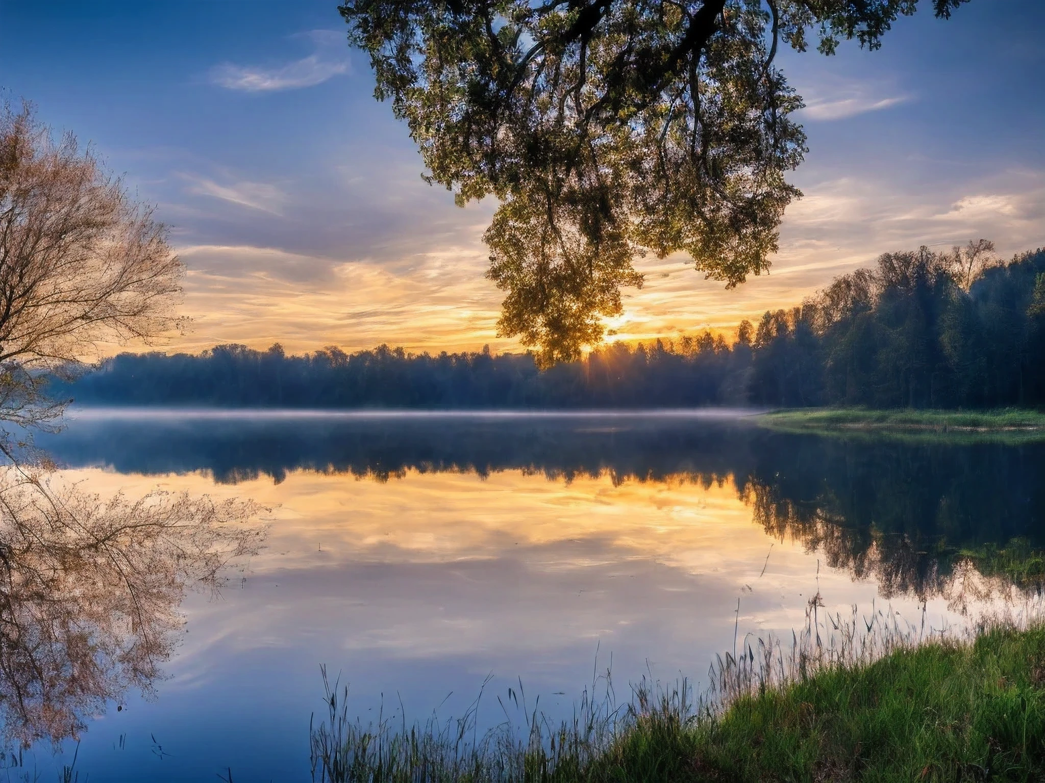 Wallpaper, summer, lake, dawn, Forest behind the lake, detailed forest, clouds, masterpiece, Cinematic, soft light, depth of field, ray tracing, Reflection in water, realism, Ulra expand,