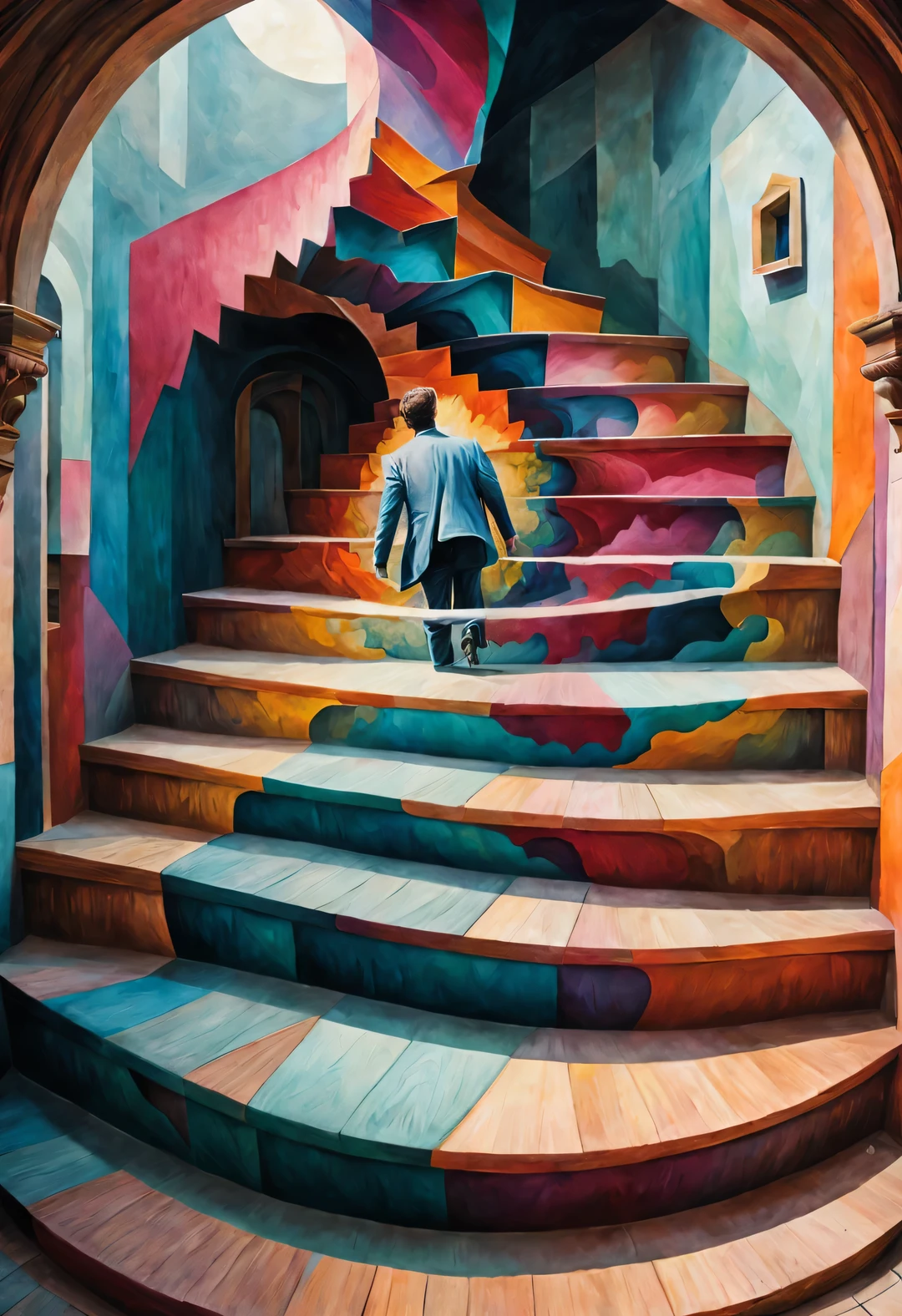 (ilusión visual), Comienzo, Visión dentro de un caleidoscopio, Una pintura de un hombre subiendo una escalera de madera., La ilusión de un hombre gigante&#39;su rostro fusionado, movimiento o cambio repetitivo o en espiral, o imágenes distorsionadas en perspectiva que distorsionan la profundidad y la percepción espacial, Estas imágenes parecen estar en movimiento., las lineas rectas son curvas, Patrones geométricos coloridos, Colores brillantes, Inspirado por Tomek Setovsky, Arquitectura psicodélica, Vibrante y colorido killian, Escaleras Penrose, Surrealismo plano, Templo biomórfico, Paul Lehr y Mi Chong, maestro del surrealismo abstracto, inspirado por killian. doble contacto,