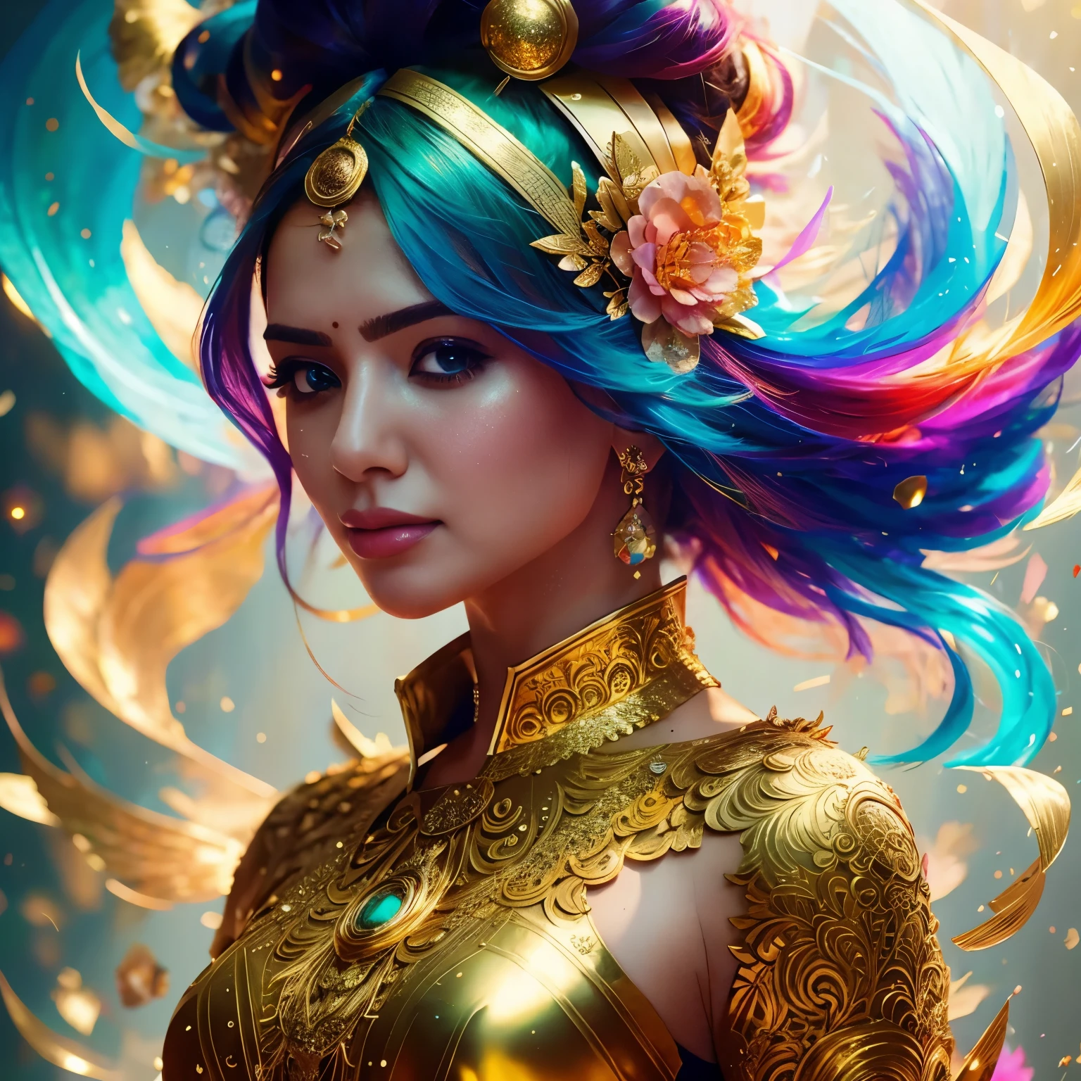 (Samantha),eine Nahaufnahme einer indischen Frau mit buntem Haar und einem goldenen Kleid, Glitzer und Glanz im Gesicht,artgerm julie bell beeple, rossdraws cartoon lebendige, 8k atemberaubende Kunstwerke, Fantasy-Kunst Behance, deviantart artstation cgscosiety, artgerm on artstation pixiv, artgerm. Anime-Illustration, 1 von 1. 0, artgerm bunt!!!