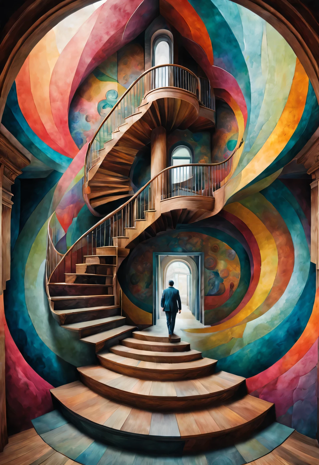 (ilusión visual), Comienzo, Visión dentro de un caleidoscopio, Una pintura de un hombre subiendo una escalera de madera., La ilusión de un hombre gigante&#39;su rostro fusionado, movimiento o cambio repetitivo o en espiral, o imágenes distorsionadas en perspectiva que distorsionan la profundidad y la percepción espacial, Estas imágenes parecen estar en movimiento., las lineas rectas son curvas, Patrones geométricos coloridos, Colores brillantes, Inspirado por Tomek Setovsky, Arquitectura psicodélica, Vibrante y colorido killian, Escaleras Penrose, Surrealismo plano, Templo biomórfico, Paul Lehr y Mi Chong, maestro del surrealismo abstracto, inspirado por killian. doble contacto,