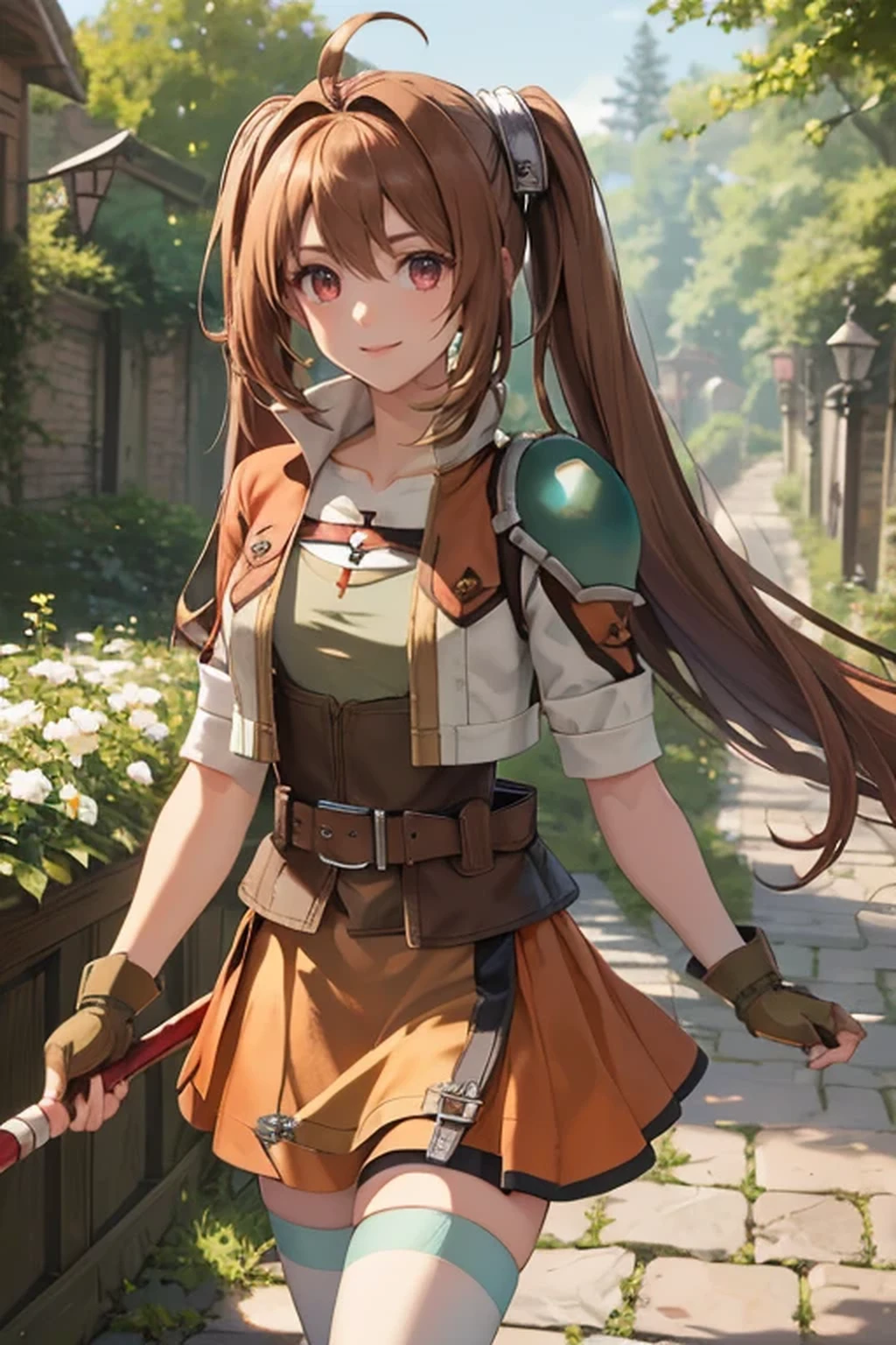 (masterpiece, highest quality, ultra high resolution, fine eyes, detailed face),
estelle, cropped jacket, green shoulder pad, tan shirt, Orange skirt, belt, Brown handbag, white stockings, twin talis, 
Upper body, smile, looking at the viewer, walk,
wide cobblestone road surrounded by forest, gaslight, white flower bed, 
Straight Rod, holding the rod handle,