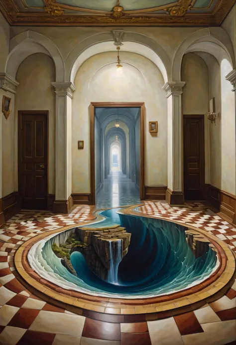 optical illusion art,3d painting on the lobby floor，3d artwork，surrealism，the details are impeccable