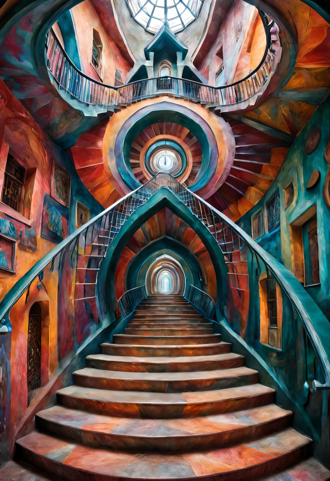 (Visual illusion), "Inception", Illusive fusion of a wooden staircase painting with a giant man&#39;s face in a kaleidoscope, repetitive or spiral movement or change, or perspective-distorted images that distort depth and spatial perception, These images appear to be moving, straight lines are curved, Colorful geometric patterns, bright colors, Inspired by Tomek Setovsky, psychedelic architecture, Energetic、colorful killian, penrose stairs, Flat Surrealism, biomorphic temple, Paul Lehr and Mi Chong, master of abstract surrealism, inspired by killian, double contact,