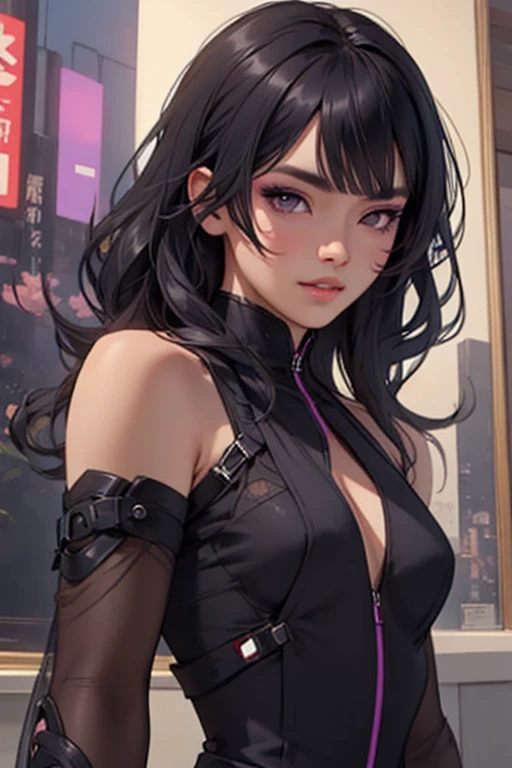 Detailed art, sketch art, sketch drawing, girl with Brazilian and Asian features, Japanese eyes, small elegant lips, wavy hair with long bangs that extend a little past her light brown shoulders, deep gray eyes, soft purple makeup and eyes black men, broad and elegant shoulders, wearing black futuristic ninja attire with purple details, in a city night scene