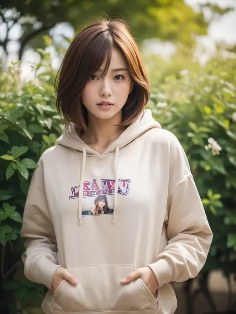 (8k, RAW photo, best quality, masterpiece:1.2), (realistic, photo-realistic:1.4), (extremely detailed 8k wallpaper),
perfect female body, toned, 
famous Japanese idol, 20yo girl, 
korean model,
medium short hair, messy hair, light brown hair, 
hoodie, godd...