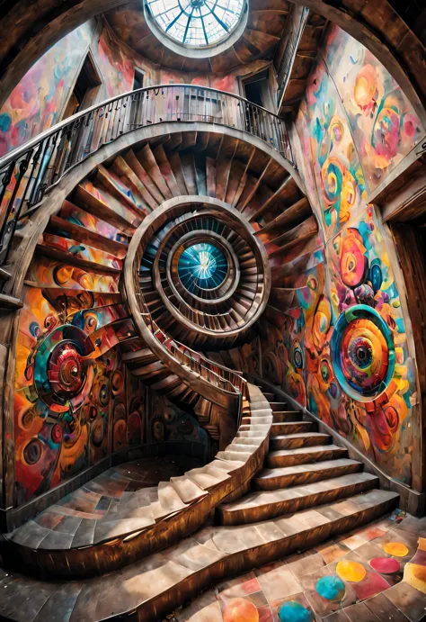 (visual illusion), double contact begins, vision within a kaleidoscope, ,spiral giant&#39;s-faced wooden stairs blend into it，th...