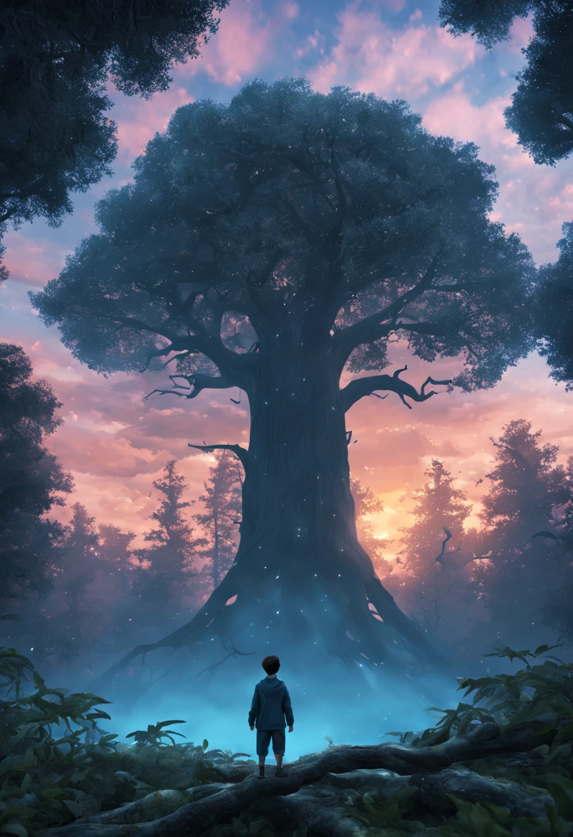Masterpiece, best quality at best. A look at the sky above many trees. A huge tree, very big, giant tree. (The boy is wearing blue pajamas), The sky full of clear clouds with a beautiful sunset. many stars in the sky. A fantastic and beautiful sky. Inverted image, better reflections. (Highly detailed 8K Unity CG wallpaper), (Best quality), (Best artwork), (Best shadow), Forest theme with horror elements. Dense trees Creepy forest, puddles and swamps, fog and shadows, it is surrounded by leaves and branches, many trees (no sunlight), (horror theme), (foliage), (tree branch), (exquisite leaves), representation 3D octane isometric. , Ray tracing, ultra detailed
