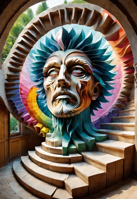 (Visual illusion), "Inception", The illusory fusion of wooden staircase paintings and giants&#39;S face in kaleidoscope, repetit...
