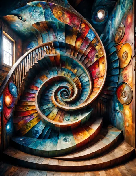(Visual illusion), Double contact begins, Vision within a kaleidoscope, ,spiral giant&#39;S-faced wooden stairs blend into it，The illusion of chessboards put together, Repeating and spiral movements and changes, Perspective-distorted images distort depth a...