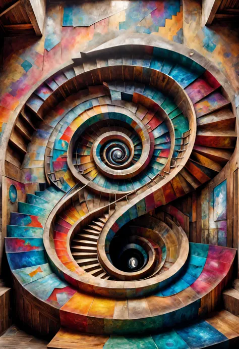 (Visual illusion), Double contact begins, Vision within a kaleidoscope, ,spiral giant&#39;S-faced wooden stairs blend into it，The illusion of chessboards put together, Repeating and spiral movements and changes, Perspective-distorted images distort depth a...