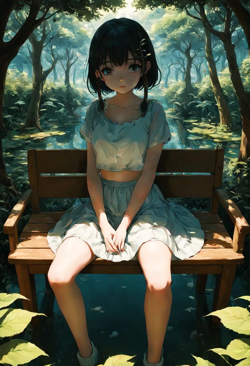 Anime scene of a serene garden with a pond, a young girl with a light smile and crossed bangs sitting on a bench, admiring a hai...