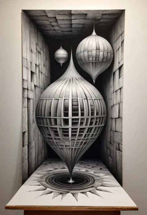 Optical illusion art,3D drawing on paper，3D artwork，Surrealism，The details are impeccable，Charcoal strokes