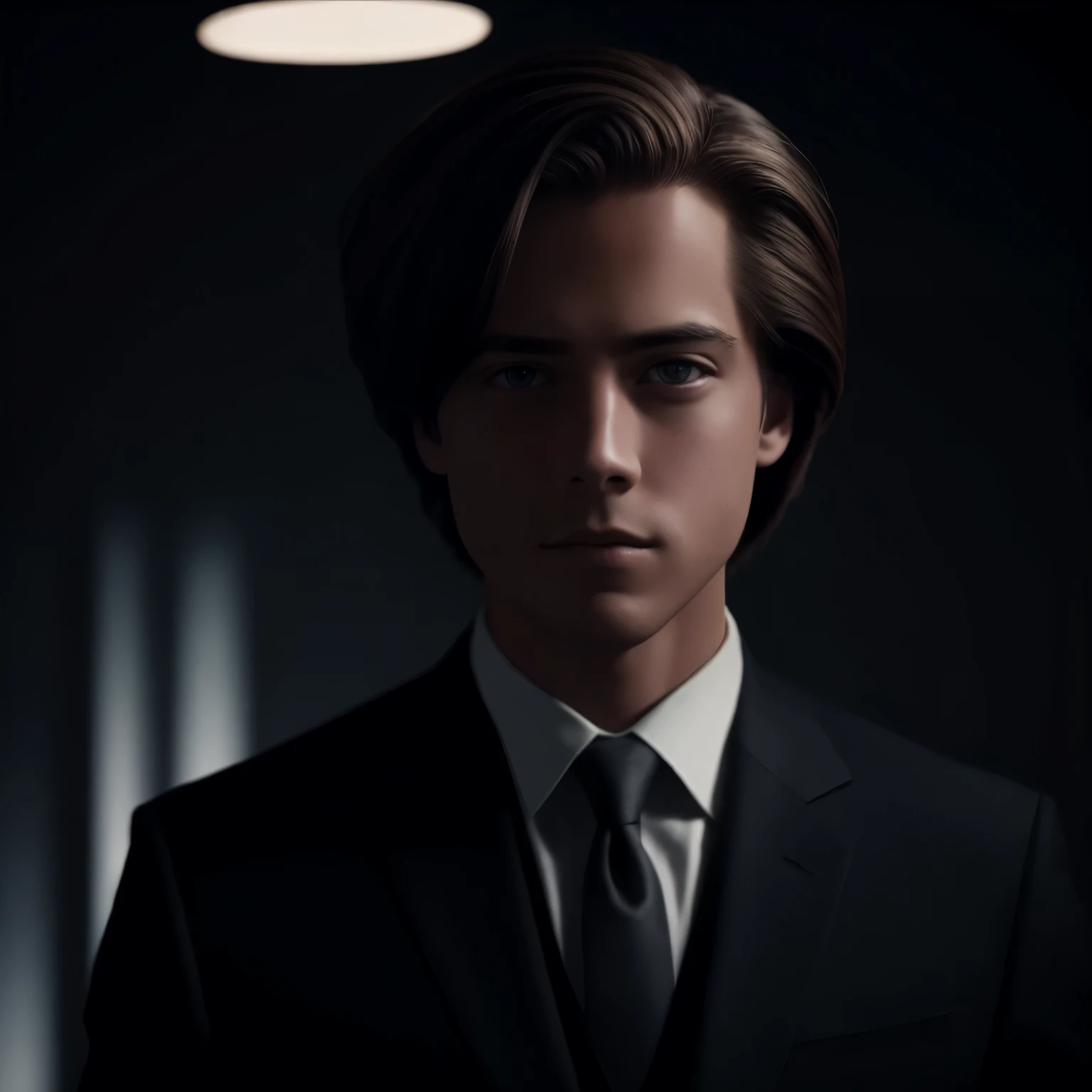 A close up of a man in a suit and tie in a dark room - SeaArt AI