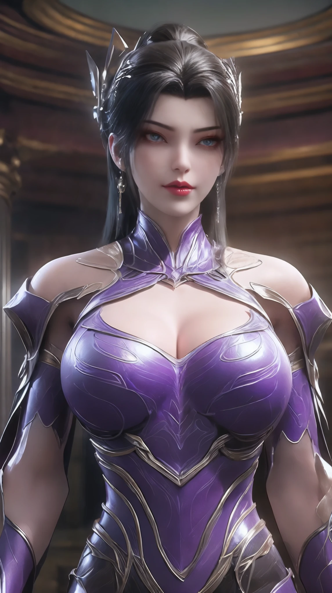 AI GIRL,SOLO,UPPER BODY CLOSE UP, ((BEAUTY BLACK HAIR)), (GIGANTIC FAKE BREAST:1.5), ((NSFW CLEAVAGE:1.5)), (MUSCLE ABS:1.3), (LED PURPLE SHINY FUTURISTIC MECHA CYBER CROP TOP, BLACK MECHA SKINTIGHT LEGGINGS,PORTRAIT:1.5), (MUSCULAR PERFECT BODY MATURE WOMAN, SWEATY BUSTY BODY:1.2), (LOOKING AT VIEWER:1.3), (female focus:0.8), (HALLROOM OF FUTURISTIC SPACE STATION:1), (BRIGHT LIGHT WHITE_ROOM:1.3), HYPER TEXTURE, (4X MSAA), ((UNREAL ENGINE 5 RENDER)), PHYSICALLY-BASED RENDERING, ULTRA HIGHT DEFINITION, 16K, 1080P.