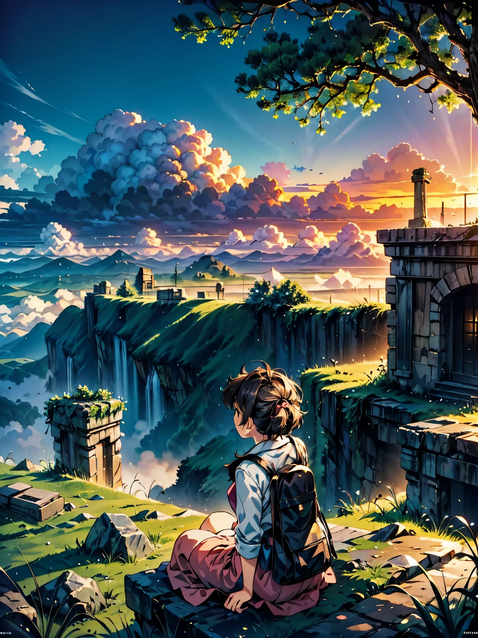 shinkai Mokoto and Ghibli anime style, from behind,above the cloud,a girl in adventure outfit sitting on a mossy stage looking at the majestic lost city and the giant world tree next to it, lost city above the cloud and towering sky, magical glowing partical, vibrant dreamy colorful sky and fluffy clouds, books, apple, glasses, calm,petal,wind blowing hair,sun shine