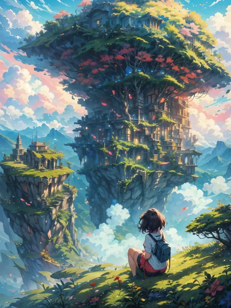 shinkai mokoto and ghibli anime style, from behind,above the cloud,a girl in adventure outfit sitting on a mossy stage looking a...