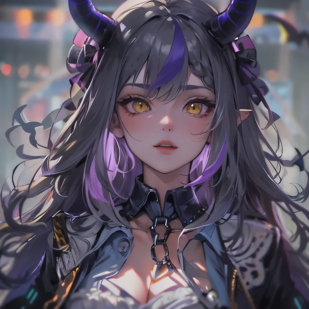 (masterpiece), 8k cg, stunningly beautiful girl, intricate details, chromatic aberration, ((bust shot)), ((looking at viewer)), 1girl, Laplus Darkness (long hair, (celeste hair), streaked hair, large horns, collared shirt, military dress, lolita dress, chunnibyou), Yellow Eyes,  extremely beautiful and delicate portrait, confident smile, chains, black smoke, purple lightning, magic sfx, large shadow figure behind, absurdres, cinematic lighting, dynamic lighting, fantasy, ((dark background, fog))
