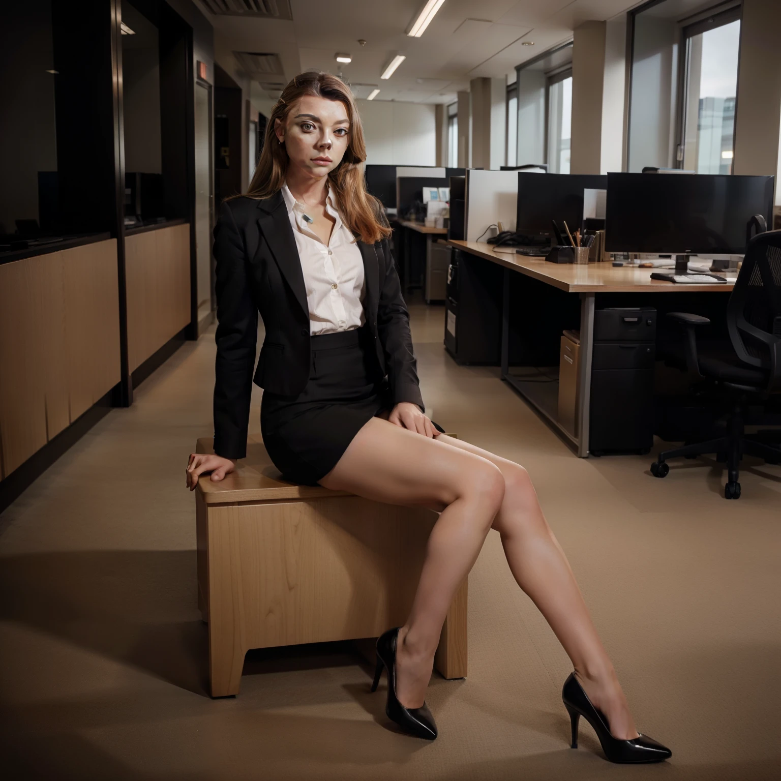 Arafed woman in a business suit sitting on a desk in an office - SeaArt AI