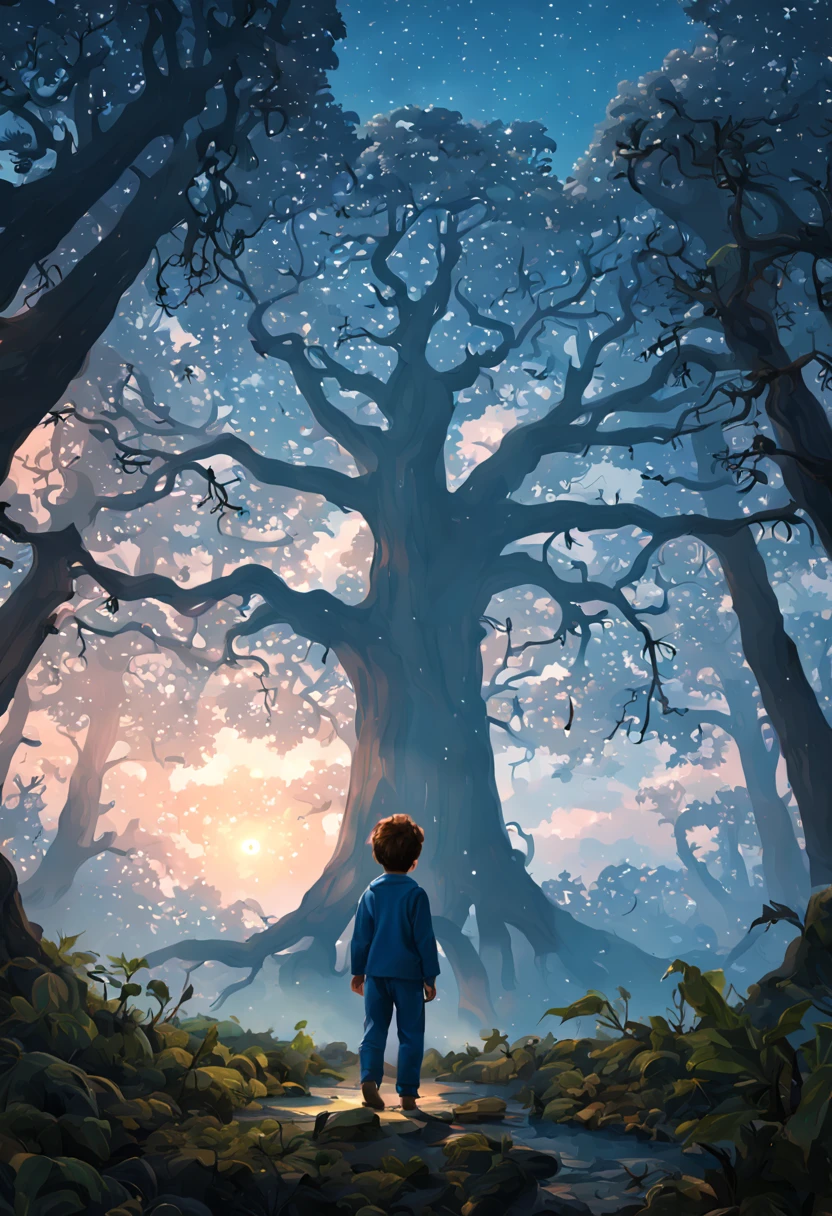 Masterpiece, best quality at best. An 8 year old boy looking at the sky above many trees. ((A huge tree)), very big, a giant tree. (The boy wears blue pajamas), The sky full of clear clouds with a beautiful sunset. many stars in the sky. A fantastic and beautiful sky. Inverted image, better reflections. (Highly detailed 8K Unity CG wallpaper), (Best quality), (Best artwork), (Best shadow), Forest theme with horror elements. Dense trees Creepy forest, puddles and swamps, fog and shadows, it is surrounded by leaves and branches, many trees (no sunlight), (horror theme), (foliage), (tree branch), (exquisite leaves), octane Isometric 3D rendering. , Ray tracing, ultra detailed

