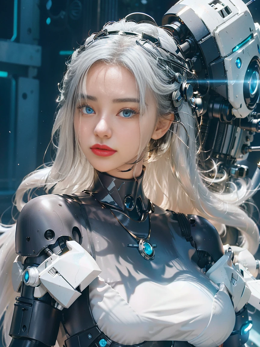 Elegant hair,1girl,solo,close-detail,portraitMechanical Headwear,Look up the lens,white hair,long hair,whole body,mechanical arm,(glow:1.2),earrings,looking at viewer,mechanical necklace,Positive symmetrical composition,blue eyes,Robot Background,Diamond,The background of the huge light engine,mechanical leg,.