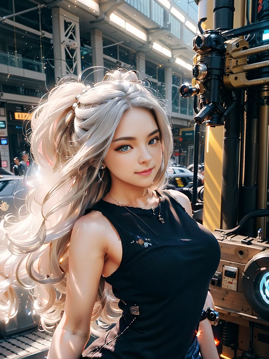 Elegant hair,1girl,solo,close-detail,portraitMechanical Headwear,Look up the lens,white hair,long hair,whole body,mechanical arm,(glow:1.2),earrings,looking at viewer,mechanical necklace,Positive symmetrical composition,blue eyes,Robot Background,Diamond,The background of the huge light engine,mechanical leg,.