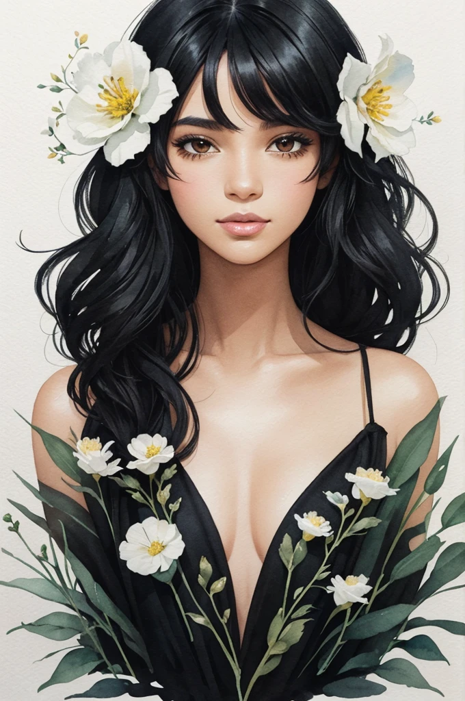 black woman, straight black hair, with flowers, in watercolor for women's day, delicate drawing, with soft colors.