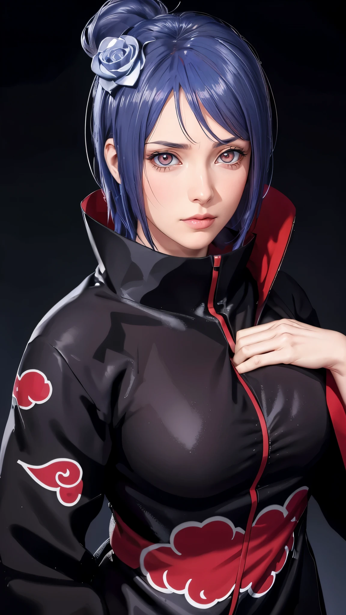 （（（traje de akatsuki，ropa xiao, ninjas, manto negro,abrigo negro, （（（danya，konan \(naruto\),konan, pelo azul, Orange pupils, cabello corto, adorno para el pelo, flor, hair flor, ））），（（（Caderas anchas））），cuerpo en forma de S:1.7））），((Obra maestra)),alta resolución, ((Best calidad at best))，Obra maestra，calidad，Best calidad，（（（ rasgos faciales exquisitos，mirando a la audiencia,Hay luz en los ojos，tímido，rubor，dolor，perdurar ））），（（（Luz y sombra entrelazadas，super gigantic ，escote））），（（（mirando a la cámara，desde arriba，mirando abajo，抬头mirando a la cámara，Informe técnico airplane，Informe técnico，Manos ocultas en mangas）））