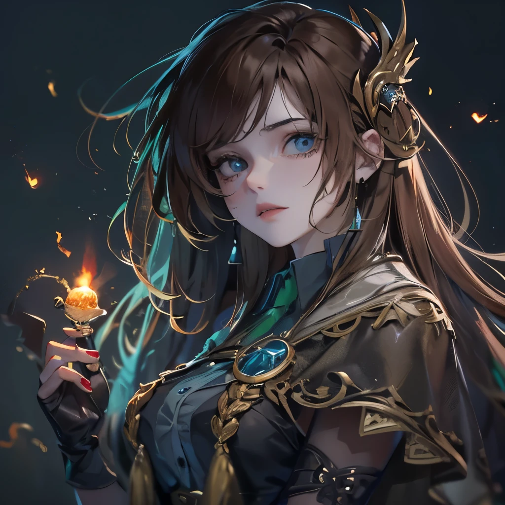 (masterpiece), 8k cg, stunningly beautiful girl, intricate details, chromatic aberration, ((bust shot)), ((looking at viewer)), 1girl, (long hair, (brown hair), collared shirt, mage, witch, enchantress, messy hair, hair over face), pale skin, blue Eyes, eye bags, tired, extremely beautiful and delicate portrait, frown, tired look, absurdres, cinematic lighting, dynamic lighting, fantasy, ((dark background, fog))