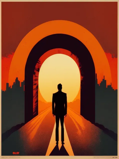 a poster of a man standing in front of a  great tunnel with a sunset in the background by Olly Moss