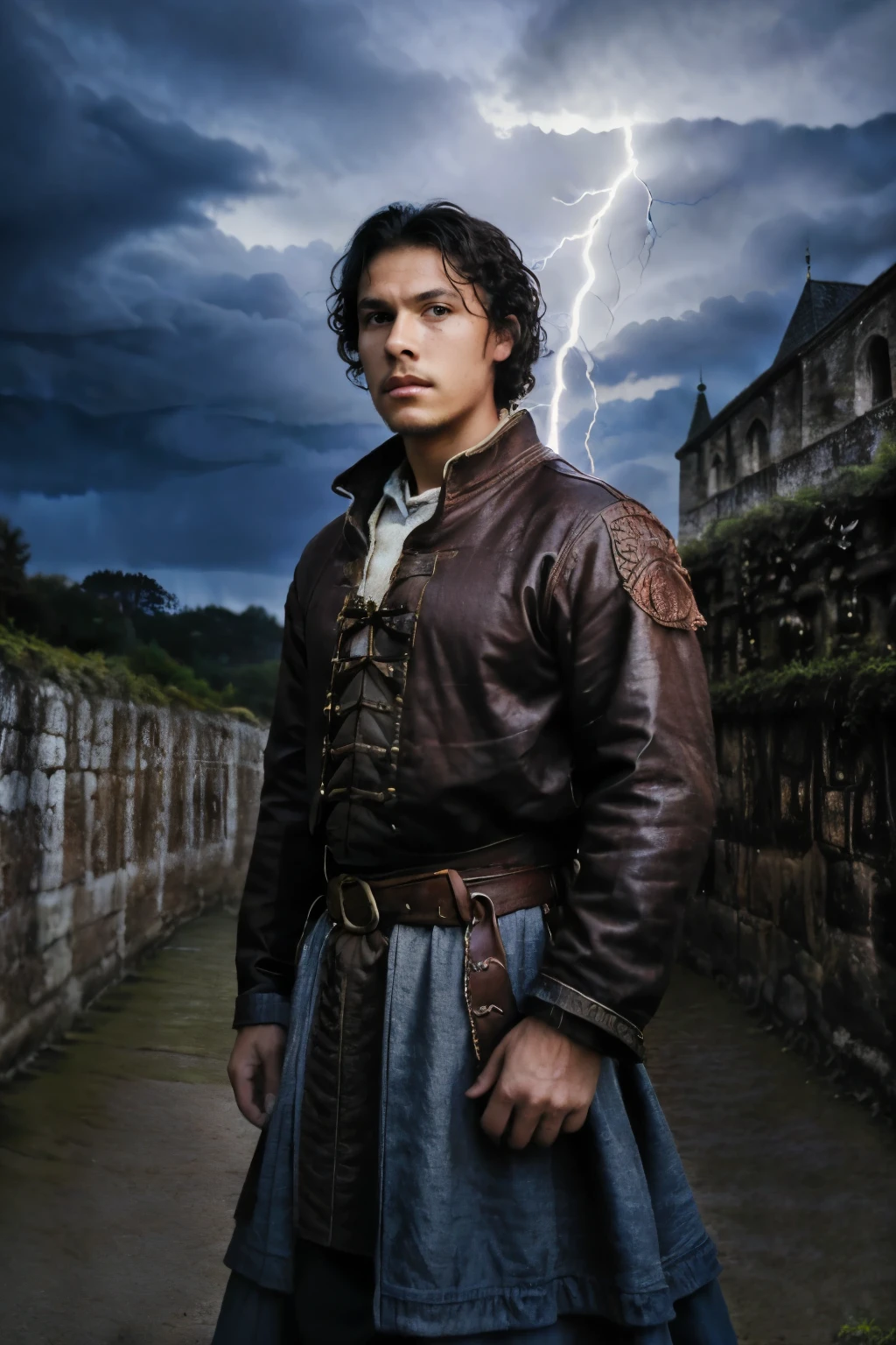 (best quality,highres,masterpiece:1.2),ultra-detailed,medieval fantasy,portrait,18 years old, brown skin male,curly black hair,brown eyes,flowing lightning from hands,exquisite medieval clothes,heroic pose,mystical atmosphere,ancient castle in the background,vivid colors,soft warm lighting
