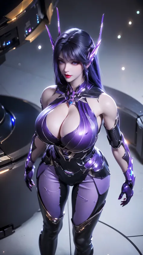 AI GIRL,SOLO,UPPER BODY CLOSE UP, ((BEAUTY BLACK HAIR)), (GIGANTIC FAKE BREAST:1.5), ((CLEAVAGE:1.5)), (MUSCLE ABS:1.3), (LED PURPLE WHITE SHINY FUTURISTIC MECHA CYBER CROP TOP, BLACK MECHA SKINTIGHT LEGGINGS:1.5), (BUSTY PERFECT BODY MATURE WOMAN, SWEATY ...