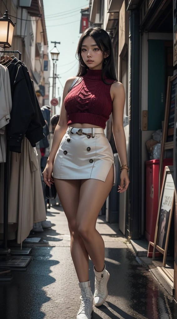 Photo of AI in human shape with natural skin,Japanese wife length, flowing, and voluminous black hair, clear eyes, thin and upturned nose,, well-shaped lips, hourglass body shape, white sleeveless knit and red miniskirt, Intricately maximalist details, vibrant, Brilliant, amazing, Smooth, cinematic, 4K, with backlight, and a large depth of field、Sensual thighs