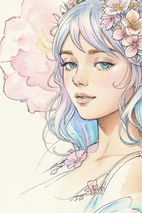 wallpaper flowers and butterfluies in watercolor, delicate drawing, with soft pastel colors.