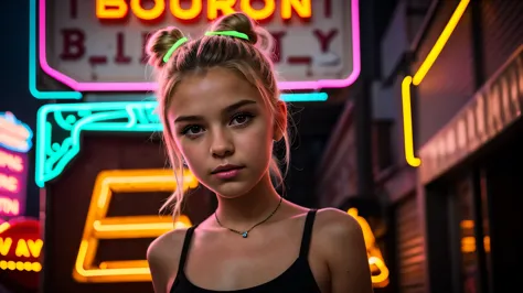 there is a young kids blonde girl hair bun portrait standing in front of a neon sign , with neon signs, with neon lights, neon s...