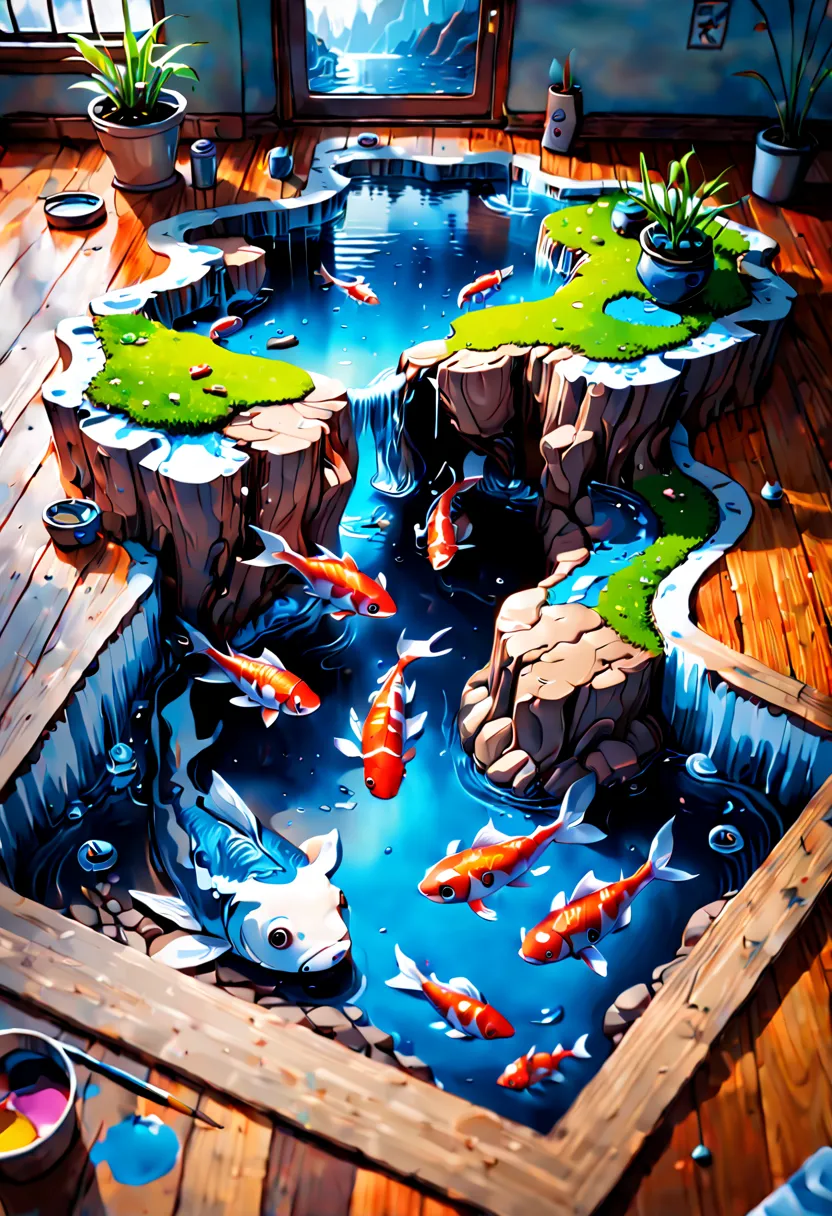 (3D painting:1.5) river with fishes anamorphosis in floor in the room. Cinematic lighting, vivid colors, Miki Asai Macro photogr...