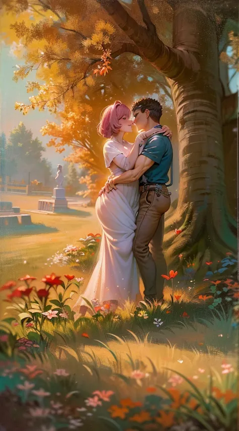 (ultra-detailed, highres, 1.37), (HDR, vivid colors), couple in love, riamu and guts, a beautiful sunny day in the park, husband...