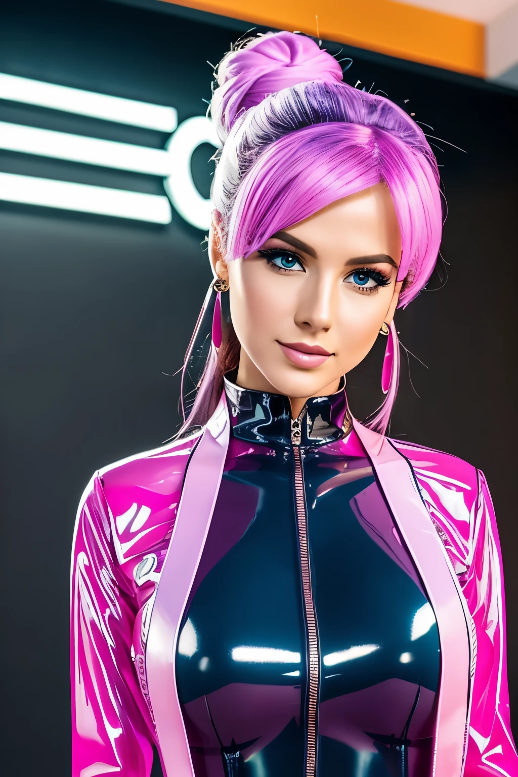 Masterpiece, pretty girl in transparent latex blouse, Latex blouse buttoned, Latex in pink und light-blau, PVC Bluse transparent, vollbusig, schlank, adrett, glossy makeup, perfekt gestylt, pink earrings, sexy, UHD resolution, Ultra hoch detailliertes Bild,