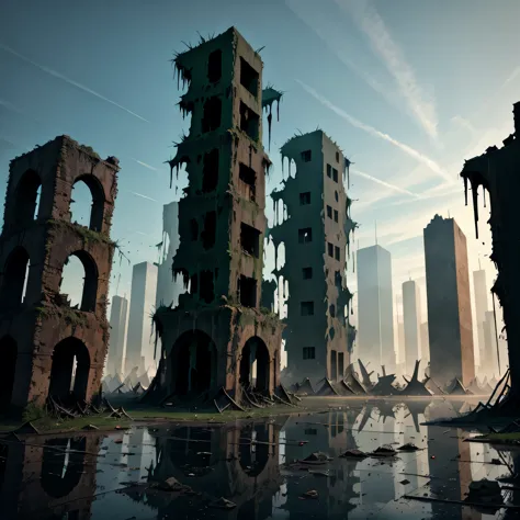 ruins of a city covered in black goo