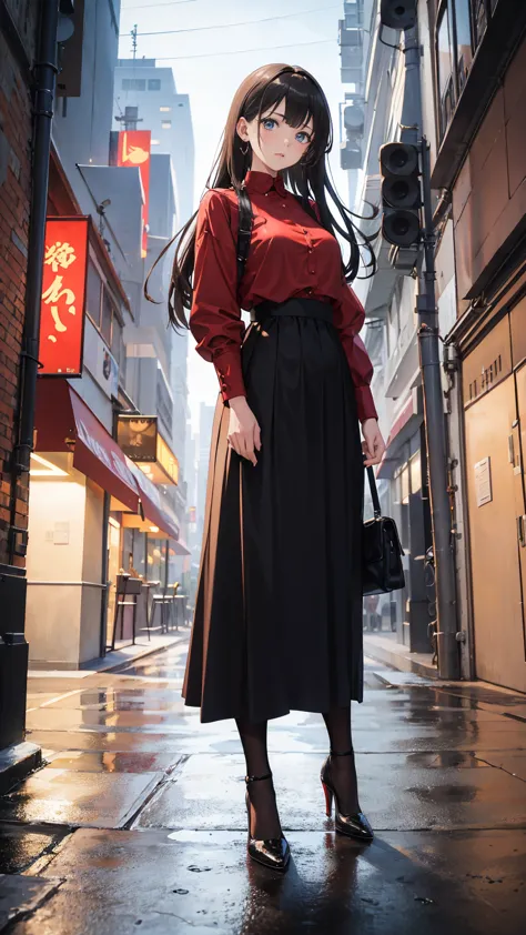 ((masterpiece, high resolution, best quality, best details, anime)), a woman standing on the street, dressed in a long skirt, le...