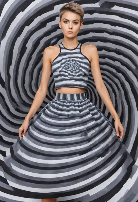 ((Optical illusion)), spinning, vortex masterpiece, best quality, tomboy, short hair, crop top, optical illusion clothes, optical illusion skirt, (optical illusion full body paint)