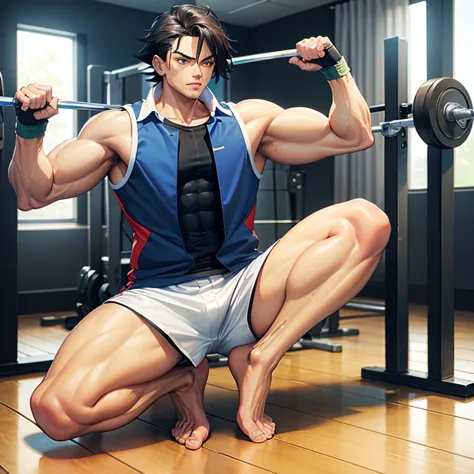 (Eine detaillierte Zeichnung von ash, bodybuilding gym.), shirtless, barefoot