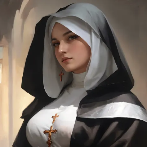 painting of a nun with a cross and a cross on her chest, Wallop art, art of Wallop, art of Wallop and greg rutkowski, karol bak ...