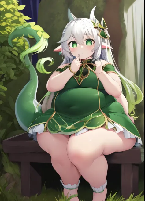 （masterpiece, highest quality, super detailed）Dragonute、Green tail、Detailed hands, Detailed Face, detailed feet, Detailed Eyes, young girl, thick thighs、Chubby、Completely color-coded beauty、green dress