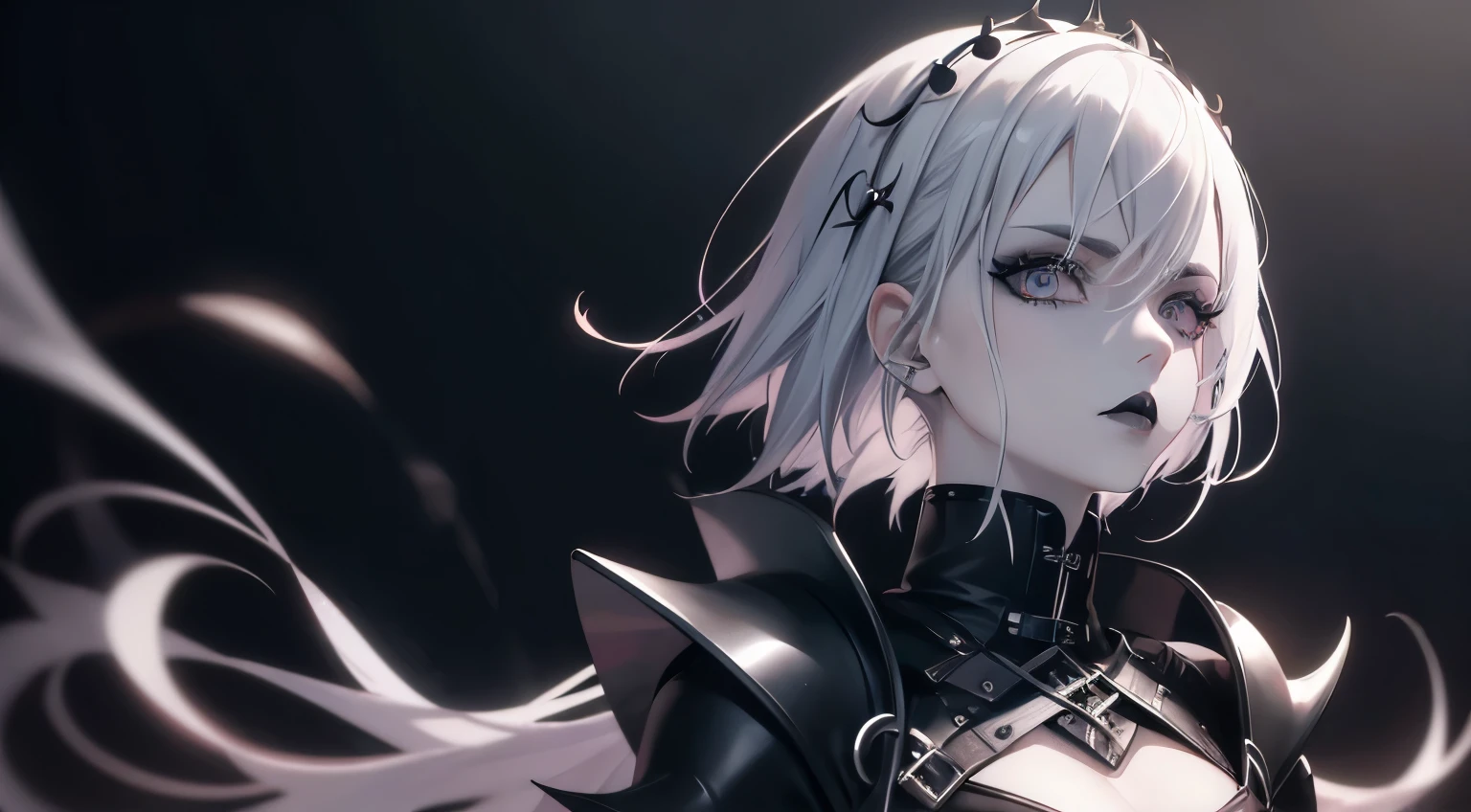 Anime girl with white hair and asymmetrical gothic style haircut, pale skinned, sobrancelhas brancas, light pink iris, black lipstick and extremely pointed dark gothic medieval armor. High quality Gothic-style image diffusion with white-haired anime girl, light pink iris and pale skin, Pose confiante, gloomy setting, gotas de chuva, olhar severo, rosto oval, Black Lipstick 8K Detailed and Dynamic Wallpaper.