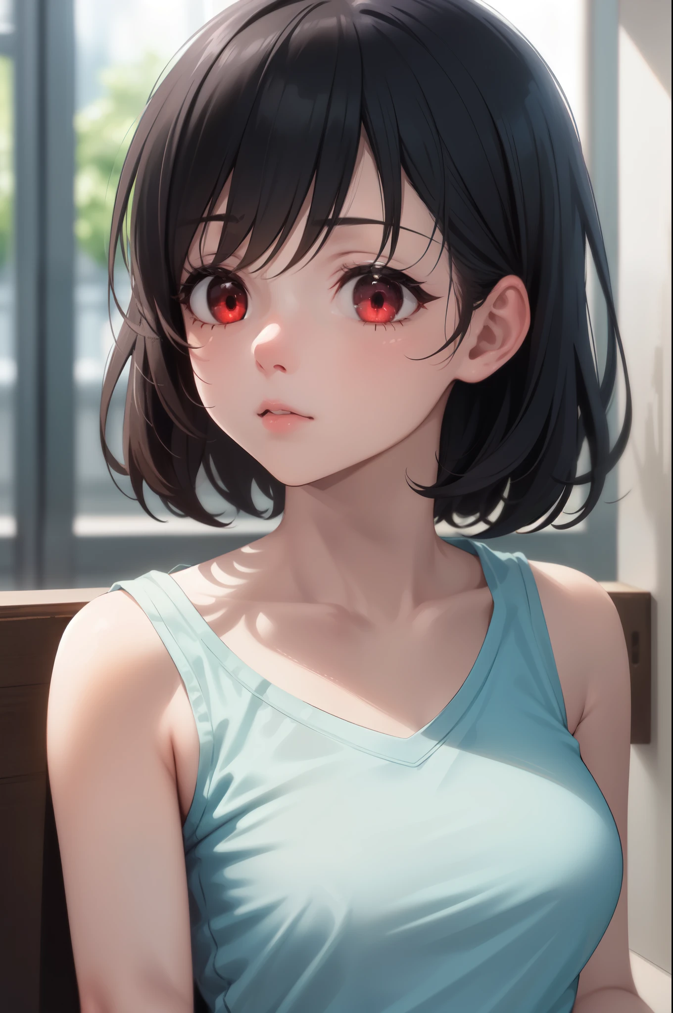 (masterpiece, best quality:1.2), Very detailed, ambient soft lighting, 4K, quality, 1 girl, alone, Mature, Mature female, milf, Upper body, red eyes, we say, long eyelashes, thick eyelashes, looking at the audience, medium breasts, White shirt, sleeveless, clavicle,