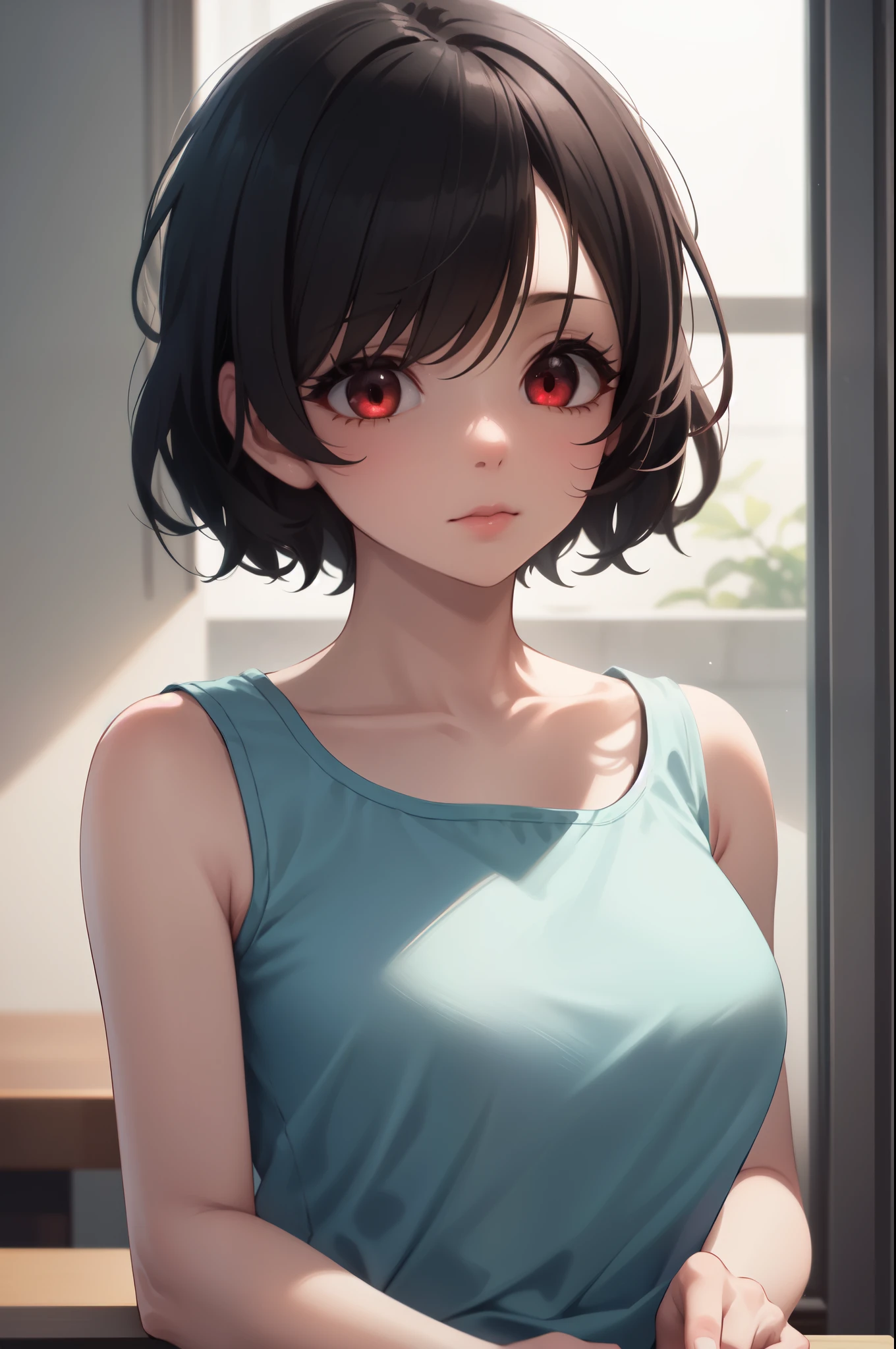 (masterpiece, best quality:1.2), Very detailed, ambient soft lighting, 4K, quality, 1 girl, alone, Mature, Mature female, milf, Upper body, red eyes, we say, long eyelashes, thick eyelashes, looking at the audience, medium breasts, White shirt, sleeveless, clavicle,