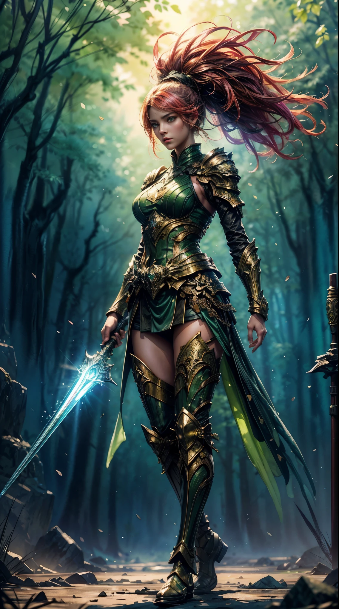 a full body picture of figures，Depicts a fantasy female warrior in a holding a staff。bright green eyes, standing in an imposing pose looking at the viewer，The expression is threatening。full battle outfit in shades of green。Soft, warm lighting highlights her thoughtful gaze。Create using：digital strokes、Reflect emotions、fantastic dream scene、Detailed character research、ambient color、chaotic atmosphere、glibatree tips、HD quality、Natural look。Focus on showing the power and of female warrior, (watercolor painting:1.5)，(Super high saturation, bright and vivid colors:1.5), (nsfw), (Look at the audience head-on:1.5)