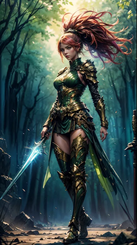 a full body picture of figures，Depicts a fantasy female warrior in a holding a staff。bright green eyes, standing in an imposing ...