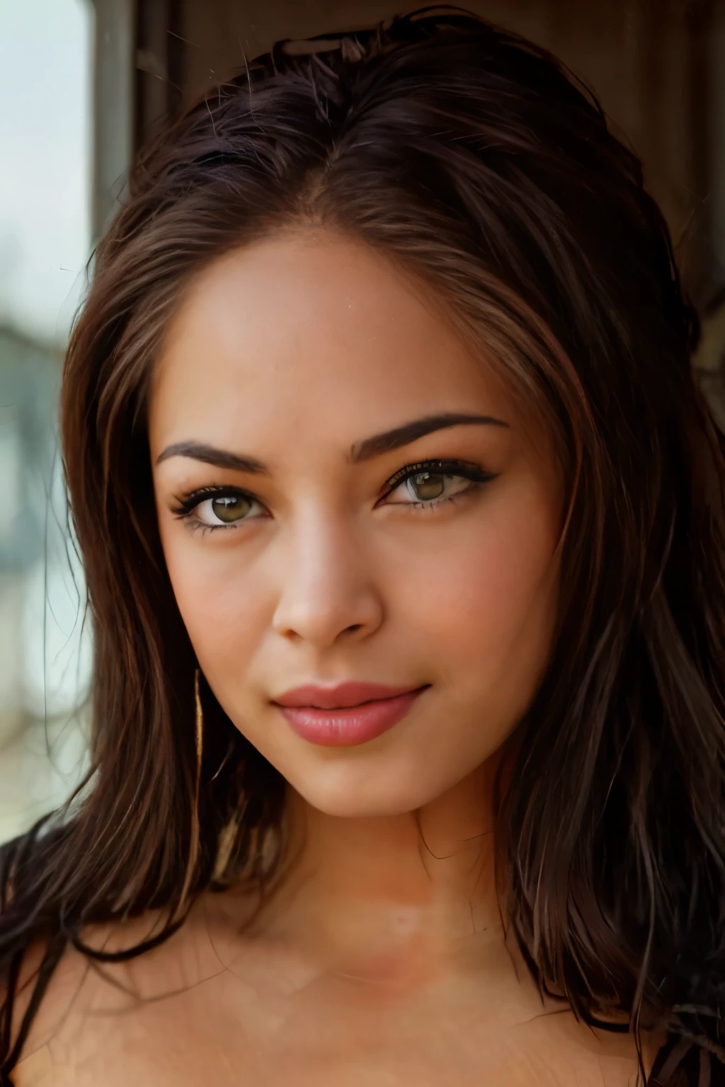 A close up of a woman with long hair and a black top - SeaArt AI